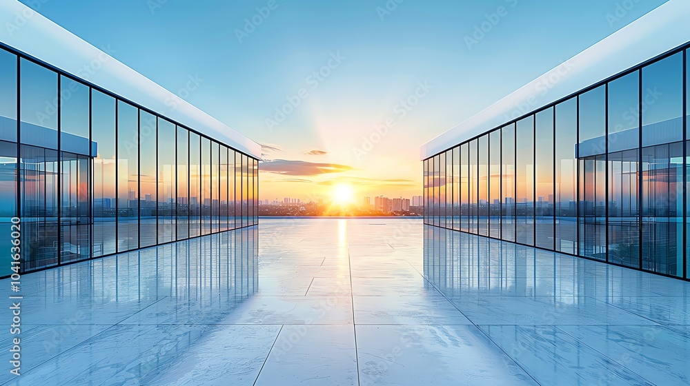 Modern glass buildings at sunset with clear sky. Modern glass buildings at sunset with clear sky.