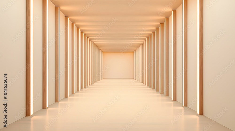 Fototapeta premium A minimalist corridor with warm lighting and sleek lines, creating an inviting and spacious atmosphere.
