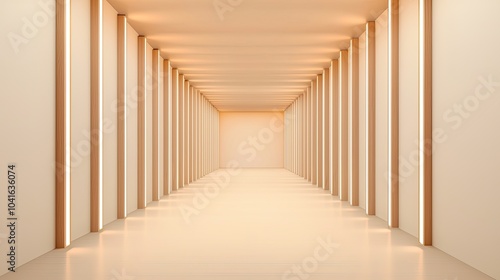 A minimalist corridor with warm lighting and sleek lines, creating an inviting and spacious atmosphere.