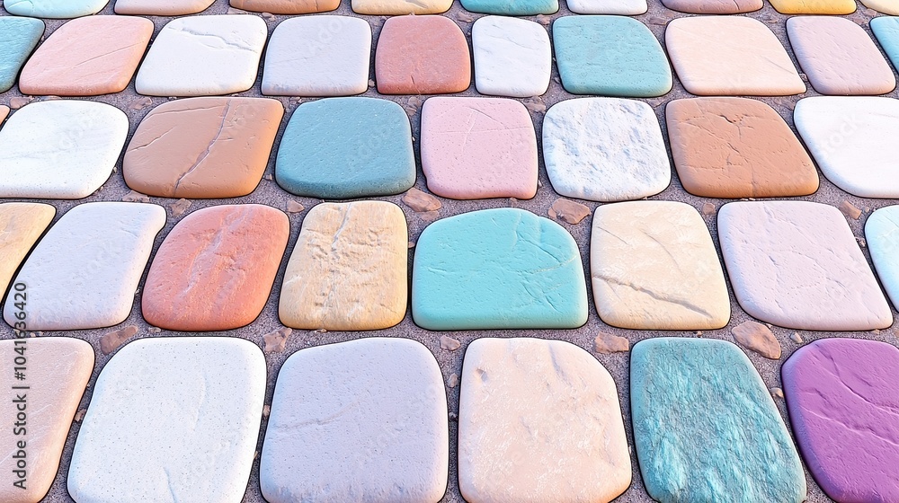 Vibrant Cobblestone Mosaic, an intricate design showcasing a seamless arrangement of colorful stones, perfect for enhancing outdoor pathways or charming garden spaces. Vibrant Cobblestone Mosaic, an intricate design showcasing a seamless arrangement of colorful stones, perfect for enhancing outdoor pathways or charming garden spaces.