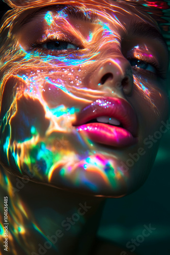 Underwater portrait of a woman with prismatic color separated light on her face. 