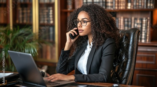 Professional woman making a call from her office, her attire and setting reflecting leadership and executive presence.