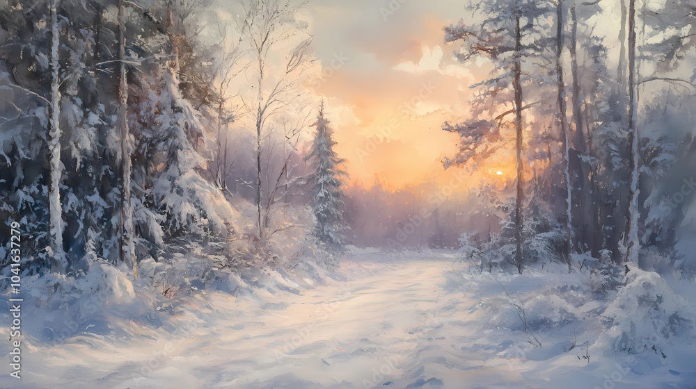 Beautiful winter landscape at sunset with stunning and majestic snow-covered trees Beautiful winter landscape at sunset with stunning and majestic snow-covered trees