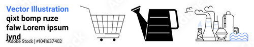 Black and white simple vector drawings of a shopping cart watering can and industrial factory. Ideal for ecommerce agriculture industry production and minimalistic designs. Landing page