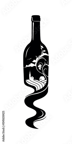 Black and white silhouette of wine bottle with abstract drawing of vineyard, houses and grapes