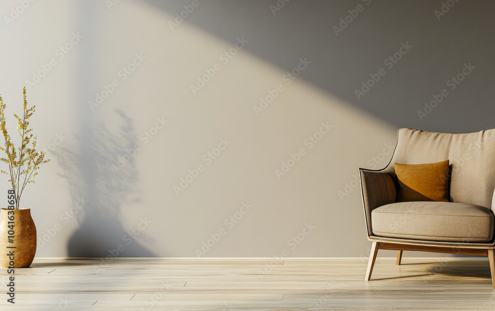 Fototapeta premium Cozy living room corner featuring a comfortable chair and decorative vase in natural light