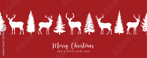 christmas greeting card with seamless deer and fir tree pattern vector illustration