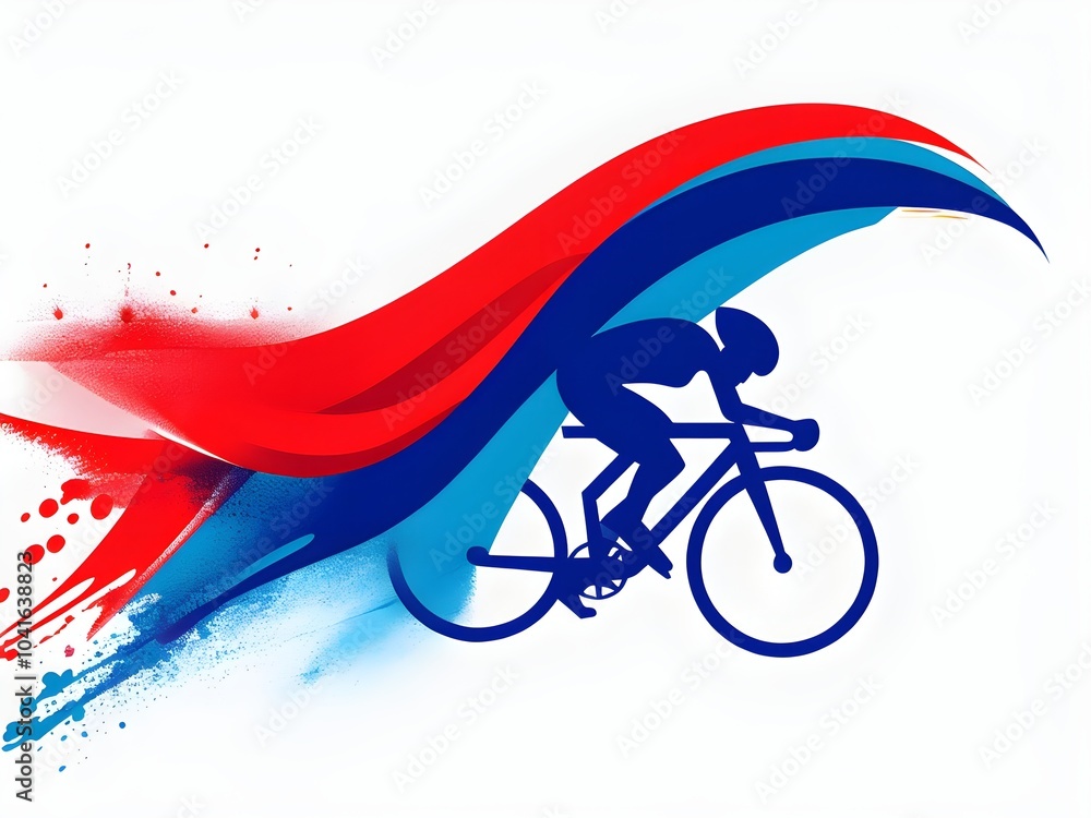 Fototapeta premium cycling athlete, depicted as a minimalistic silhouette in motion, with dynamic curves and abstract spray in contrasting colors