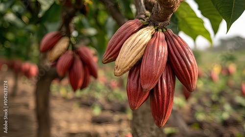 Ripe Cocoa Pods Hanging from a Tree Branch photo