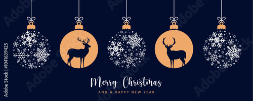 christmas greeting card with decorative christmas balls with reindeer vector illustration