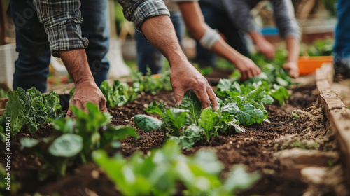 Community-building initiatives in action, showing local residents working together to create a community garden, fostering relationships and collaboration in an urban setting