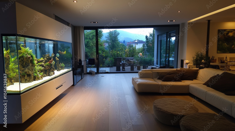 A white glass aquarium and a compact nano aquarium placed in a modern living room. The aquariums are set against a minimalist decor, adding a touch of tranquility and natural beauty A white glass aquarium and a compact nano aquarium placed in a modern living room. The aquariums are set against a minimalist decor, adding a touch of tranquility and natural beauty