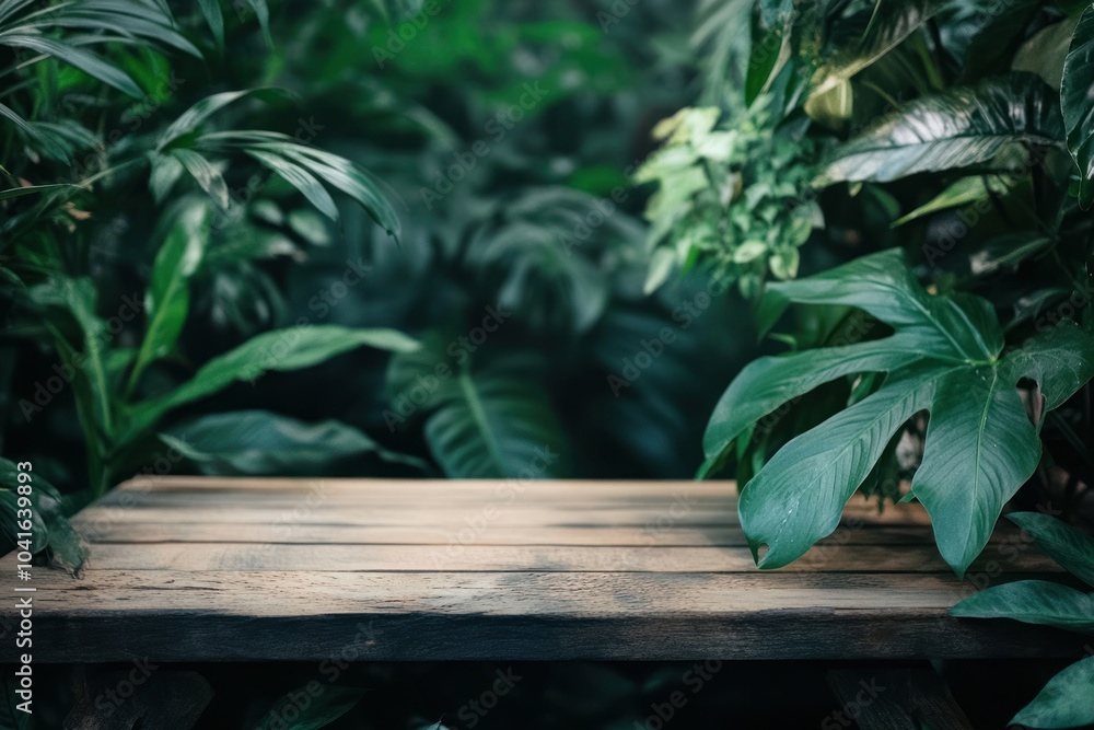Lush Greenery Surrounding a Wooden Table in Nature Lush Greenery Surrounding a Wooden Table in Nature