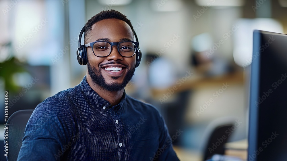 Professional Black man with a headset working in a call center office providing telemarketing. Professional Black man with a headset working in a call center office providing telemarketing.