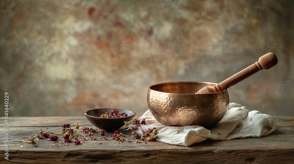 Copper singing bowl with dried flowers on a wooden table. Items for rituals prayers and meditation Copper singing bowl with dried flowers on a wooden table. Items for rituals prayers and meditation