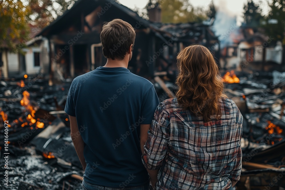 Man and his wife owners, checking burned and ruined of their house and yard after fire, consequences of fire disaster accident. Ruins after fire disaster. Man and his wife owners, checking burned and ruined of their house and yard after fire, consequences of fire disaster accident. Ruins after fire disaster.