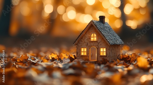 Pale gold miniature house surrounded by autumn leaves, set in a cozy outdoor scene with warm colors and rustic elements, captured with shallow depth of field and golden hour lighting.