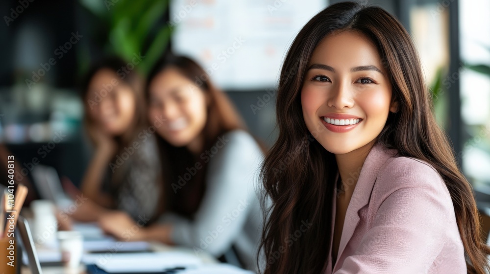Woman sitting confidently at the head of a conference table, reviewing project updates with her colleagues. Woman sitting confidently at the head of a conference table, reviewing project updates with her colleagues.