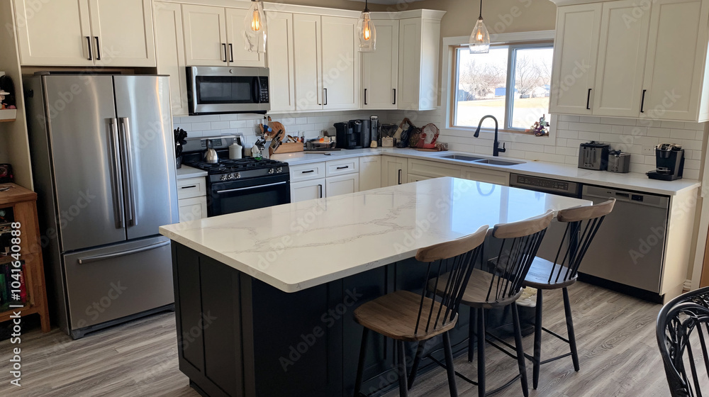 Black-and-white kitchen island setup with minimal accessories and neutral bar stools Black-and-white kitchen island setup with minimal accessories and neutral bar stools
