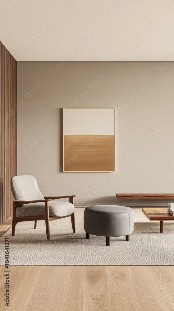 Fototapeta premium Modern living room with minimalist design featuring a wooden accent wall and neutral tones