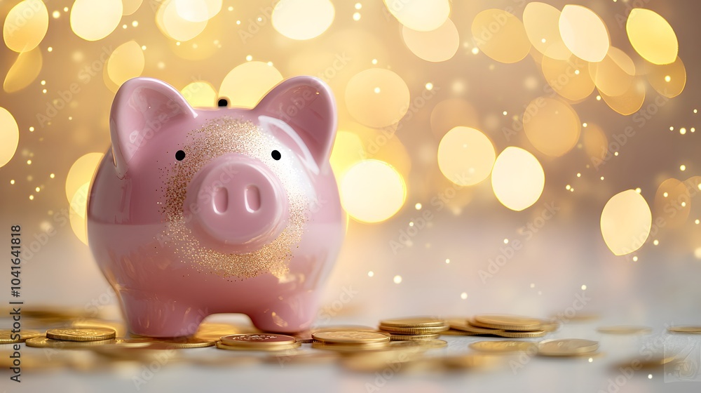 Pink ceramic piggy bank filled with gold coins on a pale gold background, emphasizing savings and financial planning with a minimalist and warm-lit composition. Pink ceramic piggy bank filled with gold coins on a pale gold background, emphasizing savings and financial planning with a minimalist and warm-lit composition.