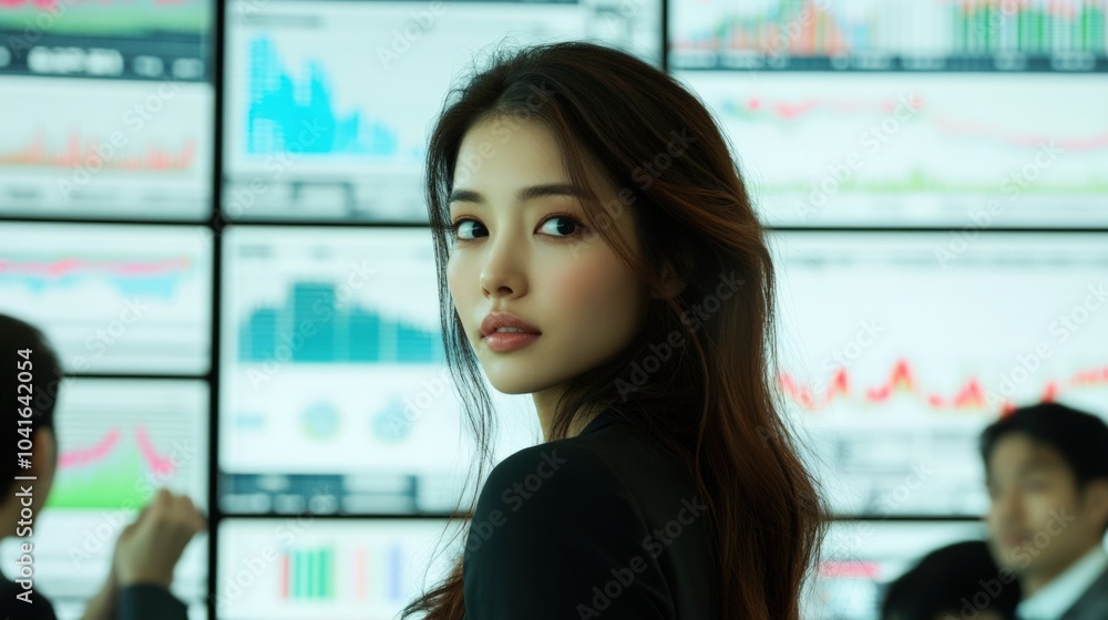 Female leader standing in front of a large screen, discussing data analytics with her team in a corporate boardroom. Female leader standing in front of a large screen, discussing data analytics with her team in a corporate boardroom.