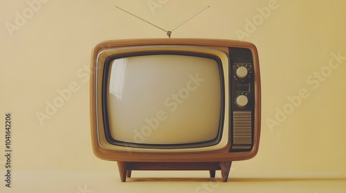 Retro television set from the 1970s styled with wooden cabinet and analog features, set against a beige background in a clean, nostalgic mid-century modern presentation. photo