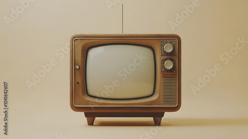 Retro television set from the 1970s styled with wooden cabinet and analog features, set against a beige background in a clean, nostalgic mid-century modern presentation. photo