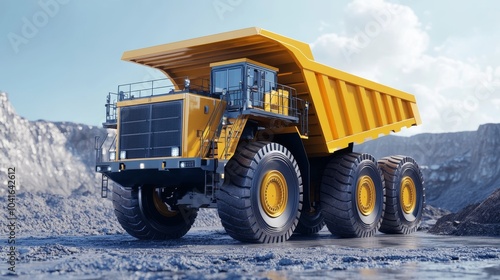 A large dump truck, represented as a 3D model, used for mining and heavy industry, moving materials at a large-scale excavation site.