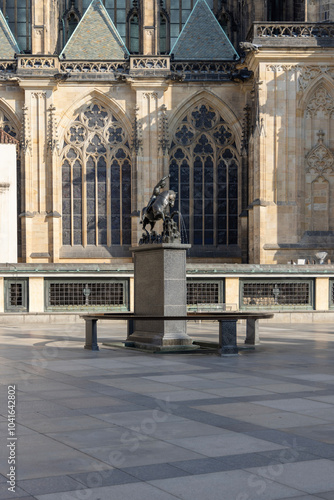 Courtyard of Prague Castle with statue and fountain of Saint George in front of Saint Vitus Cathedral on Hradcany, Prague, Czech Republic