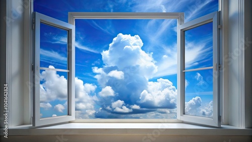 Blue sky with thick white cloud behind closed window aerial view photo