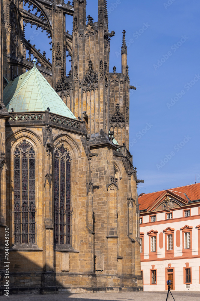 View of eastern facade of gothic Saint Vitus Cathedral, located at Hradcany, Prague, Czech Republic