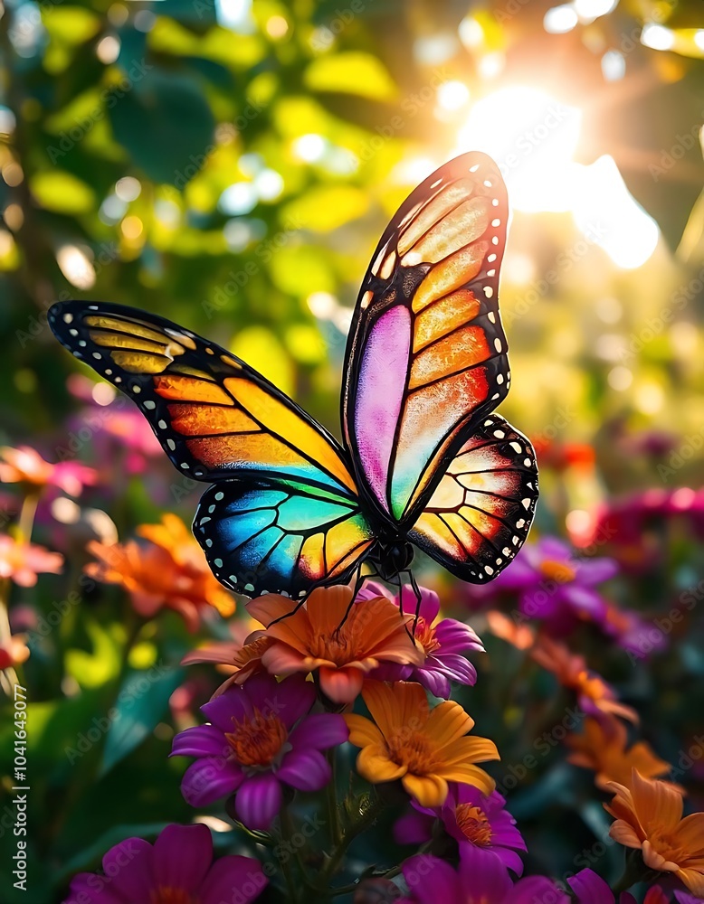 A brightly colored butterfly sits on a flower with a warm sunny background. A brightly colored butterfly sits on a flower with a warm sunny background.