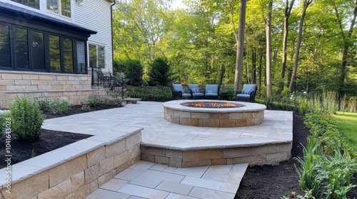 Hardscaping professionals installing a sleek stone patio with a built-in fire pit and custom walkways, surrounded by greenery