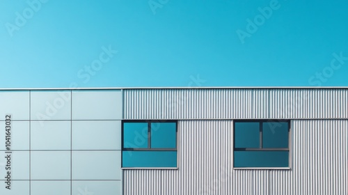 A modern industrial building with an aluminum facade and blue sky backdrop, featuring geometric design elements and corrugated steel patterns on the warehouse structure. 