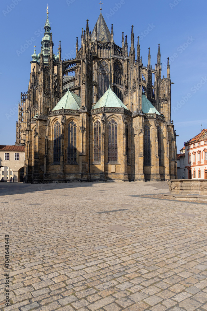 View of eastern facade of gothic Saint Vitus Cathedral, located at Hradcany, Prague, Czech Republic