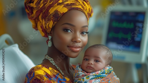 A dedicated Nigerian nurse holds a newborn swaddled in a colorful fabric, displaying warmth and care in a maternity ward filled with medical equipment photo