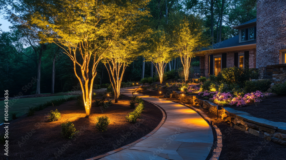 Landscape lighting experts installing elegant outdoor lights along a garden pathway, creating a warm and inviting evening ambiance Landscape lighting experts installing elegant outdoor lights along a garden pathway, creating a warm and inviting evening ambiance