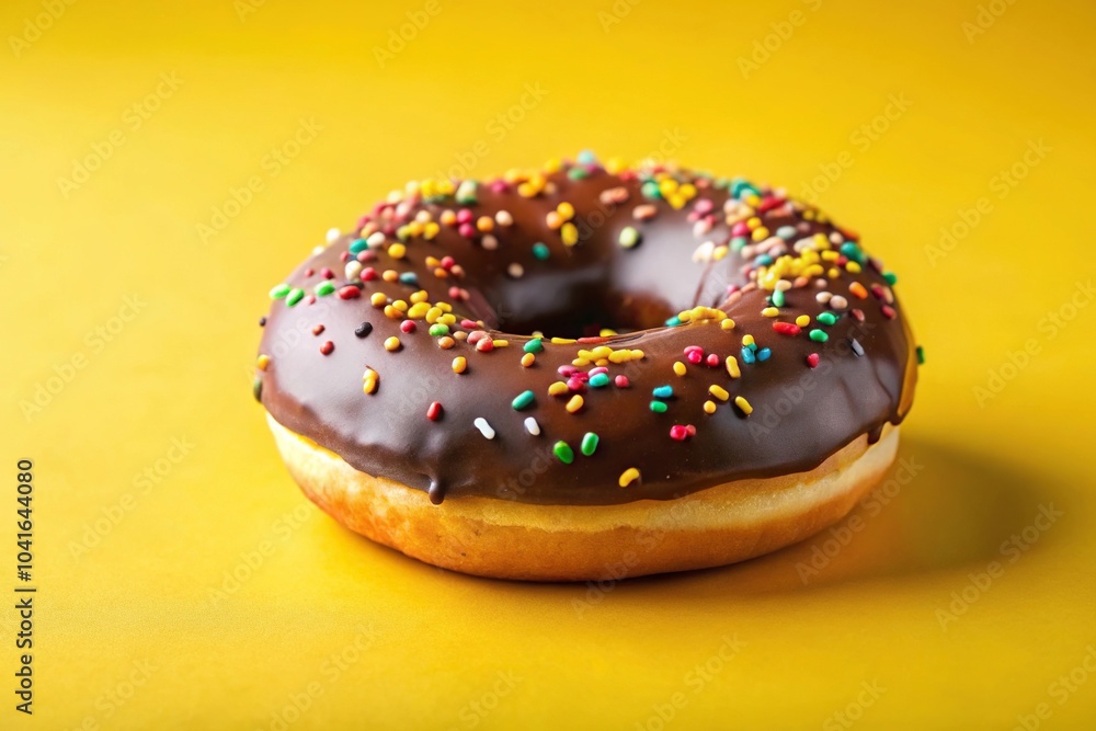 Chocolate glazed donut with sprinkles on yellow background