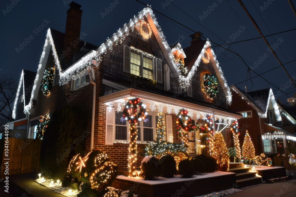 Fototapeta premium A beautifully decorated house adorned with twinkling lights and a snow-covered yard, creating a festive winter wonderland.