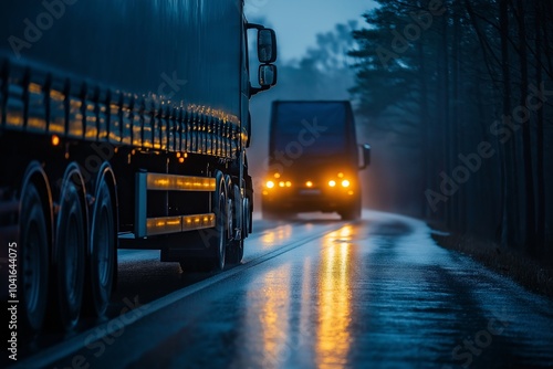 Two trucks pass each other on an illuminated road shrouded in mist during nighttime.