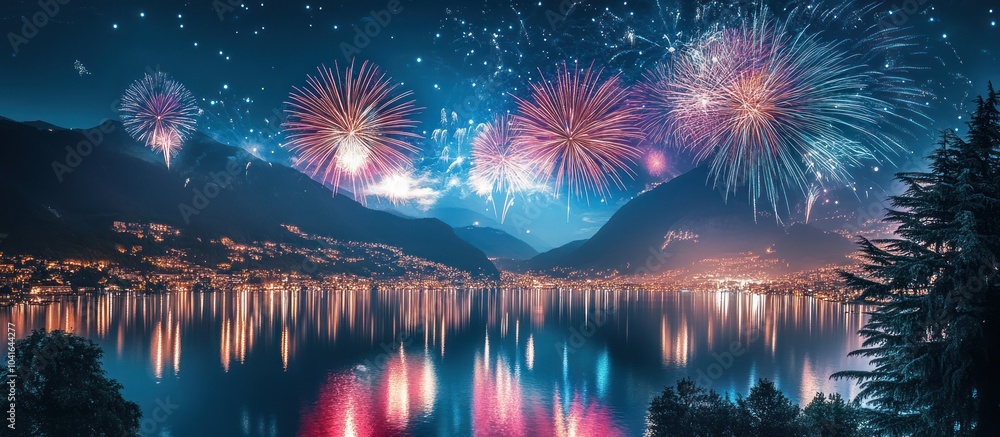 Obraz premium Fireworks display over a lake with mountains in the background at night.
