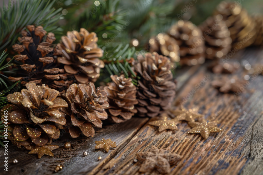 Festive arrangement featuring glittering pinecones and golden stars on a rustic wooden surface, adorned with evergreen branches. Festive arrangement featuring glittering pinecones and golden stars on a rustic wooden surface, adorned with evergreen branches.