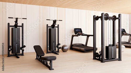 A modern gym area featuring various strength training equipment, including machines and benches, set against a minimalist backdrop.