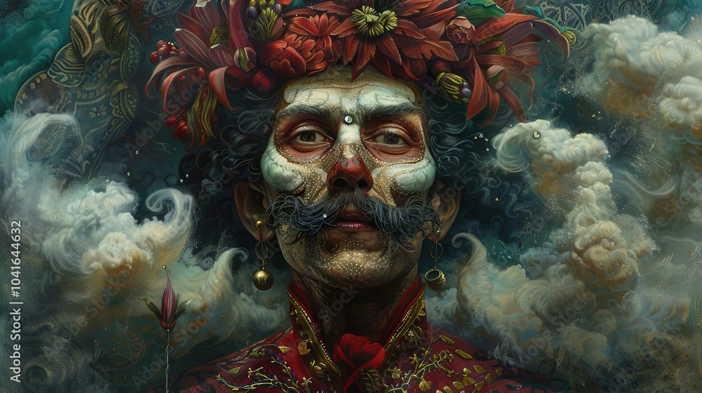 A man of unusual appearance. Abstract portrait of a man with a mustache, creative make-up and a wreath of flowers. A man of unusual appearance. Abstract portrait of a man with a mustache, creative make-up and a wreath of flowers.