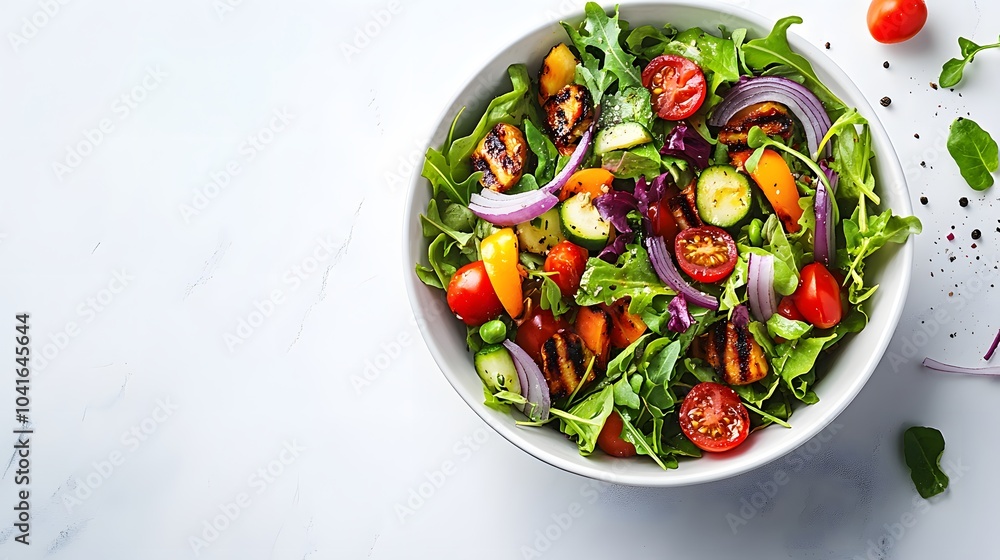 Vibrant vegetable salad in a white ceramic bowl with mixed greens, cherry tomatoes, and grilled vegetables, presented on a white marble table with natural lighting and crisp details. Vibrant vegetable salad in a white ceramic bowl with mixed greens, cherry tomatoes, and grilled vegetables, presented on a white marble table with natural lighting and crisp details.