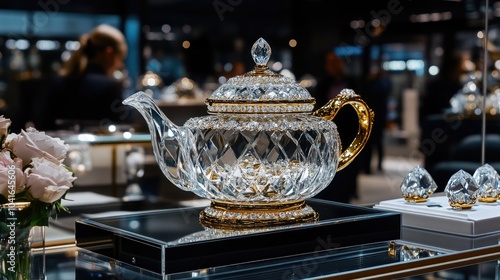 A stunning white porcelain teapot featuring gold trim and gemstone accents sits gracefully on a lavishly designed table photo