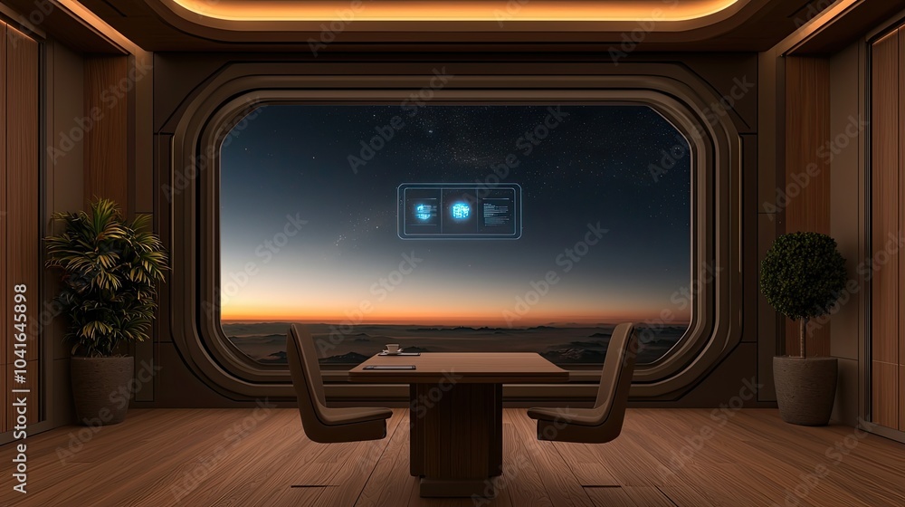 Fototapeta premium A modern, sleek room featuring a large window with a stunning view of a twilight sky and futuristic elements.