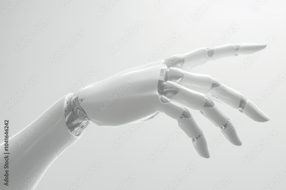 White robot hand background, presenting technology gesture. Technology meets humanity backgrond. White robot hand background, presenting technology gesture. Technology meets humanity backgrond.