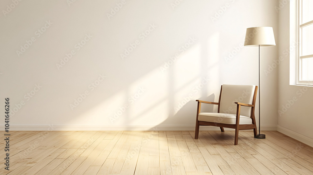 Minimalist reading area in a living room with a mid-century modern chair, a standing lamp, and clean, white walls Minimalist reading area in a living room with a mid-century modern chair, a standing lamp, and clean, white walls